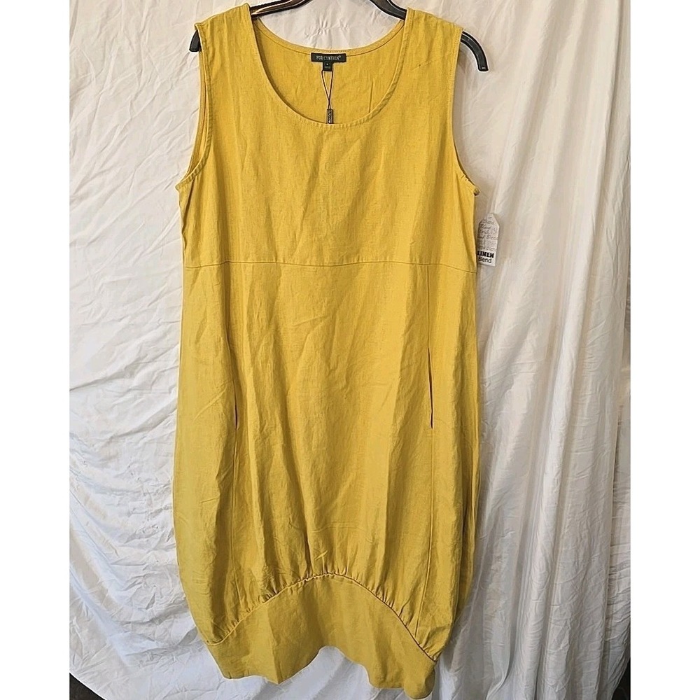 FORCYNTHIA Linen Blend Mustard Yellow Sleeveless Bubble Dress size L‎ NWT